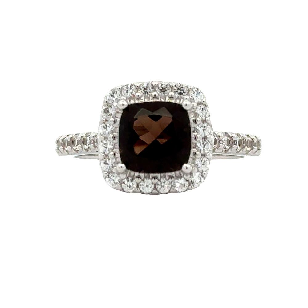 Natural Smoky Quartz Created Sapphire Ring 925 Sterling Silver US Size 7